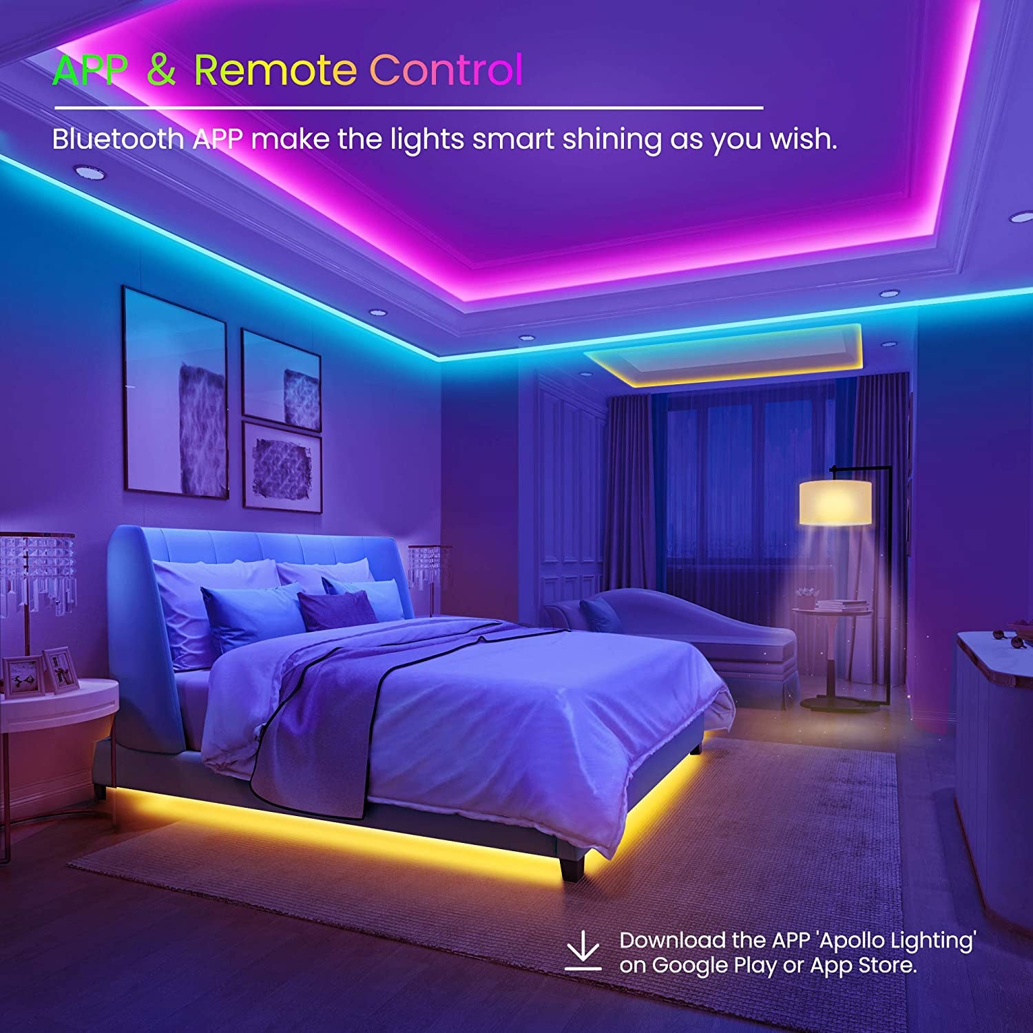 "50 FT LED Strip Lights: Colorful Music Sync with Bluetooth Control"