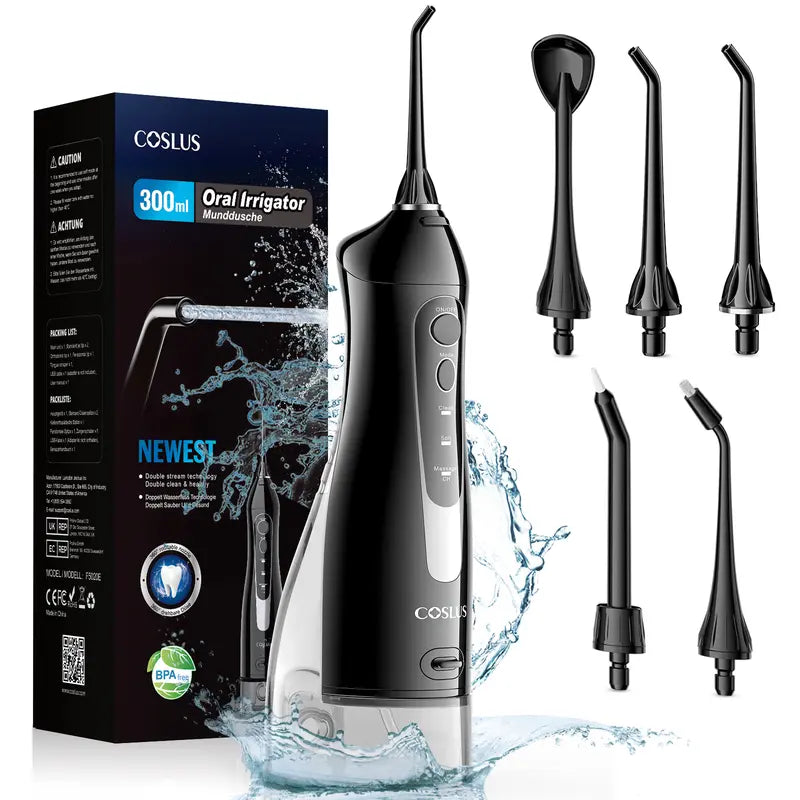 COSLUS Water Flosser Cordless Oral Irrigato: 5 Replacement Heads with 300ML Super Large Tank, Dual-Thread Stream. Effectively Removes 99.99% Plaque for Improved Gum Health and Oral Freshness. 30 Day Battery Life, IPX7 Waterproof. Great Gift Choice