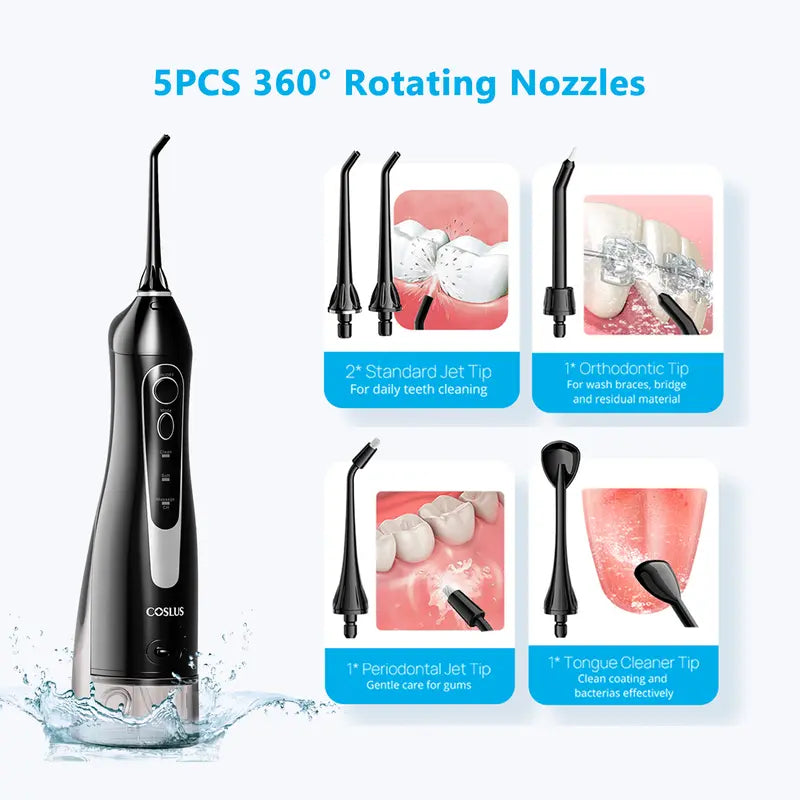 COSLUS Water Flosser Cordless Oral Irrigato: 5 Replacement Heads with 300ML Super Large Tank, Dual-Thread Stream. Effectively Removes 99.99% Plaque for Improved Gum Health and Oral Freshness. 30 Day Battery Life, IPX7 Waterproof. Great Gift Choice