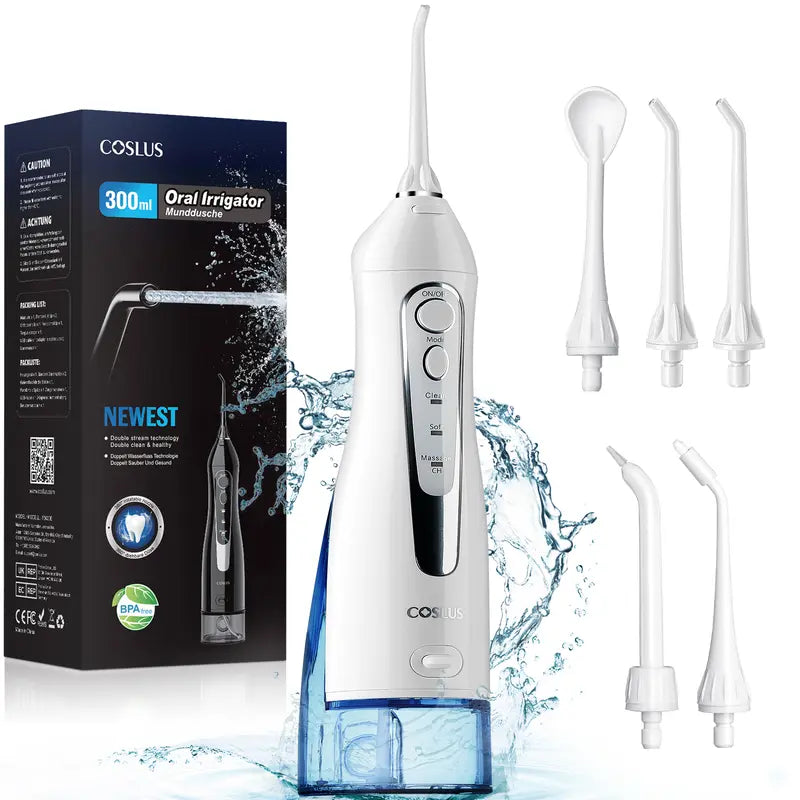 COSLUS Water Flosser Cordless Oral Irrigato: 5 Replacement Heads with 300ML Super Large Tank, Dual-Thread Stream. Effectively Removes 99.99% Plaque for Improved Gum Health and Oral Freshness. 30 Day Battery Life, IPX7 Waterproof. Great Gift Choice