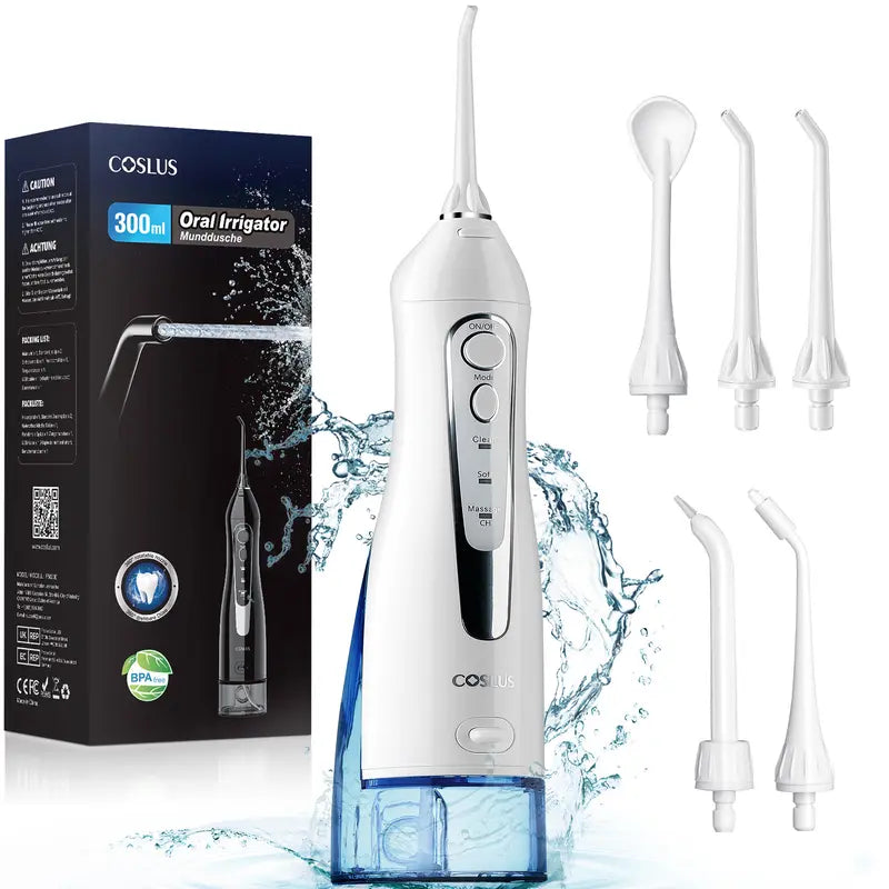 COSLUS Water Flosser Cordless Oral Irrigato: 5 Replacement Heads with 300ML Super Large Tank, Dual-Thread Stream. Effectively Removes 99.99% Plaque for Improved Gum Health and Oral Freshness. 30 Day Battery Life, IPX7 Waterproof. Great Gift Choice