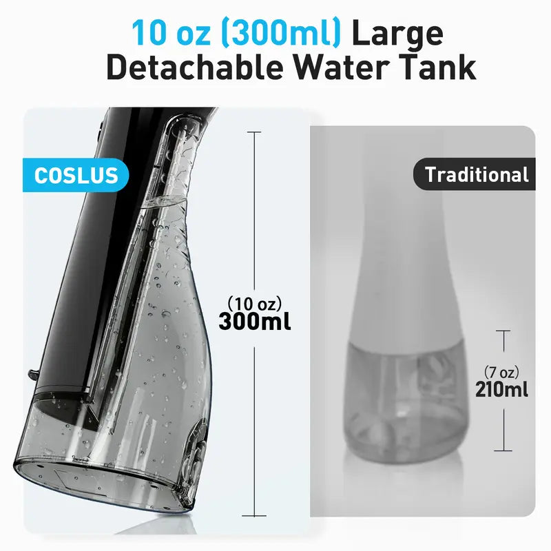 COSLUS Water Flosser Cordless Oral Irrigato: 5 Replacement Heads with 300ML Super Large Tank, Dual-Thread Stream. Effectively Removes 99.99% Plaque for Improved Gum Health and Oral Freshness. 30 Day Battery Life, IPX7 Waterproof. Great Gift Choice