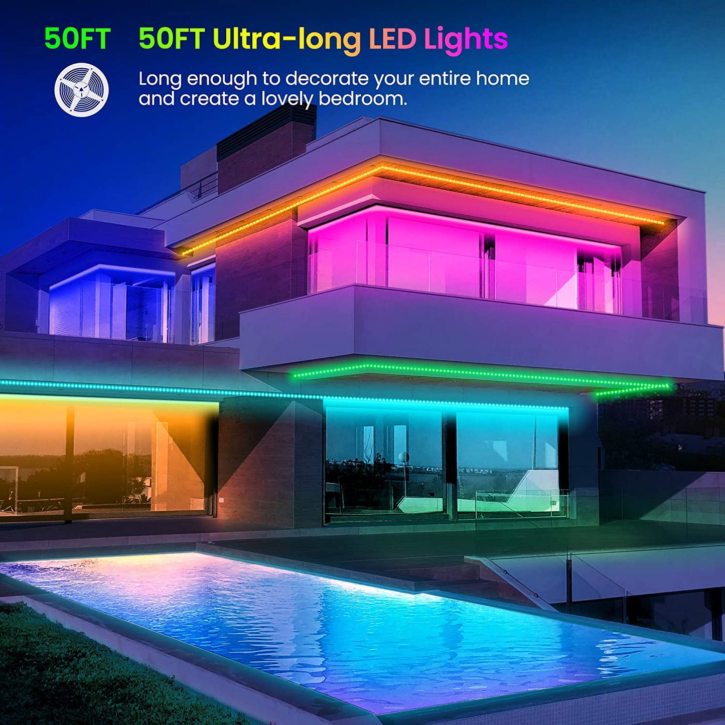 "50 FT LED Strip Lights: Colorful Music Sync with Bluetooth Control"