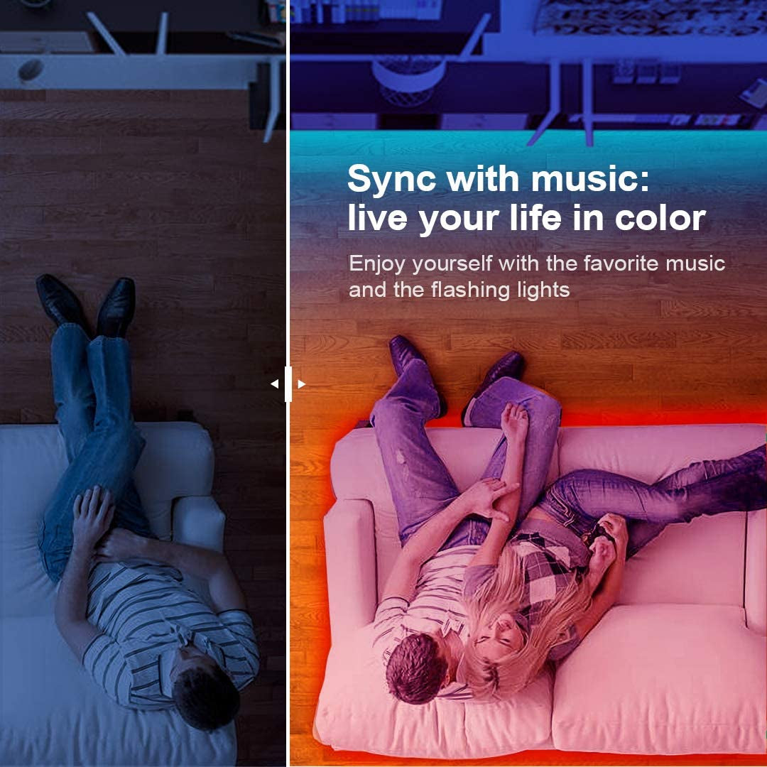 "50 FT LED Strip Lights: Colorful Music Sync with Bluetooth Control"